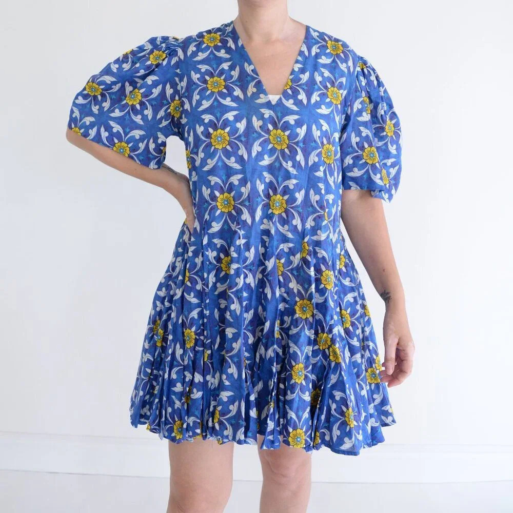 Rhode Resort Vivienne Dress Blue w Yellow Floral Puffy Sleeves Midi Dress S